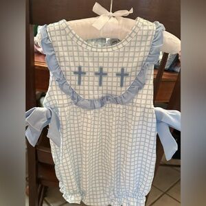 Abbie and Evie blue cross bubble. Size 6-9M